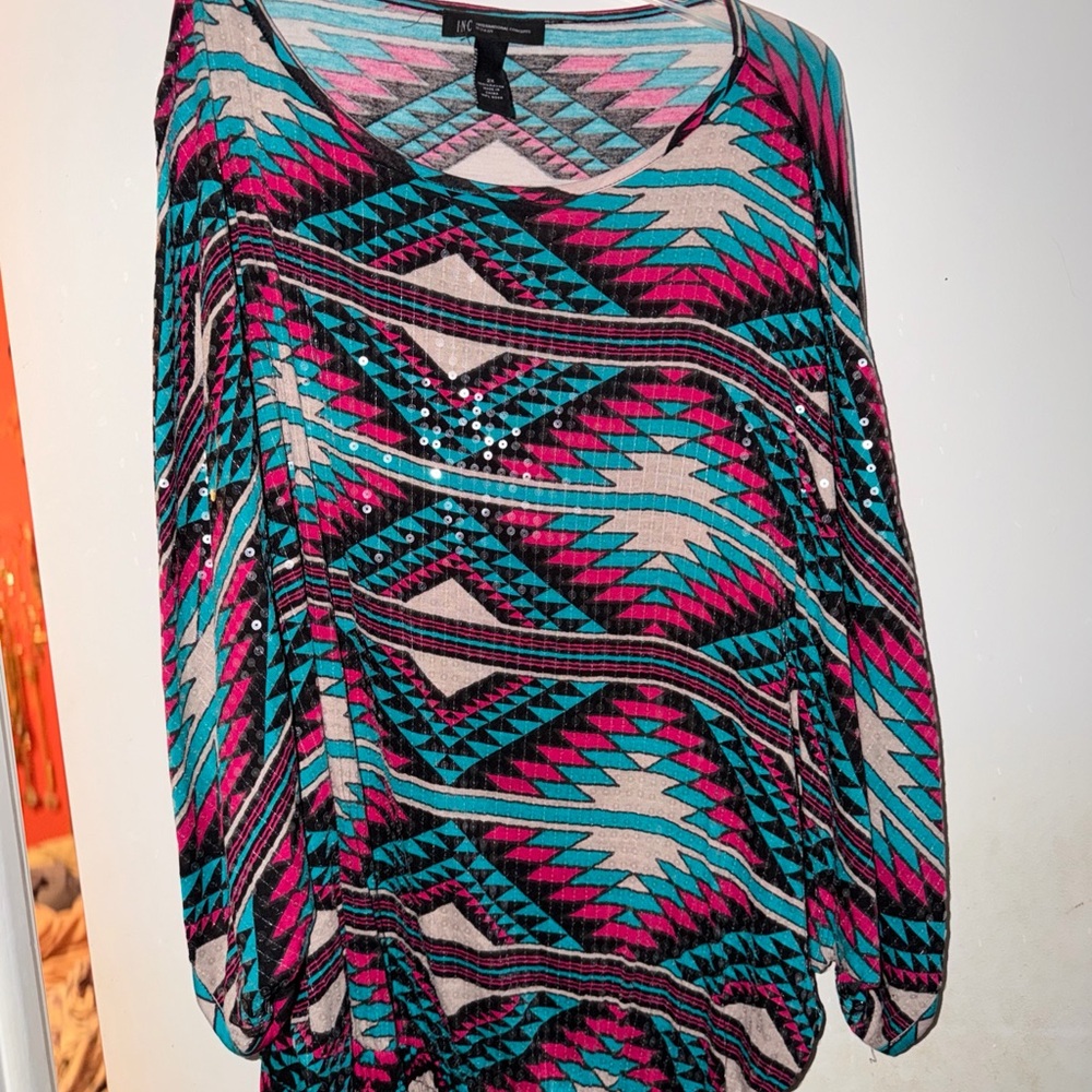 INC International Concepts Multicolor Geometric Sequin Blouse